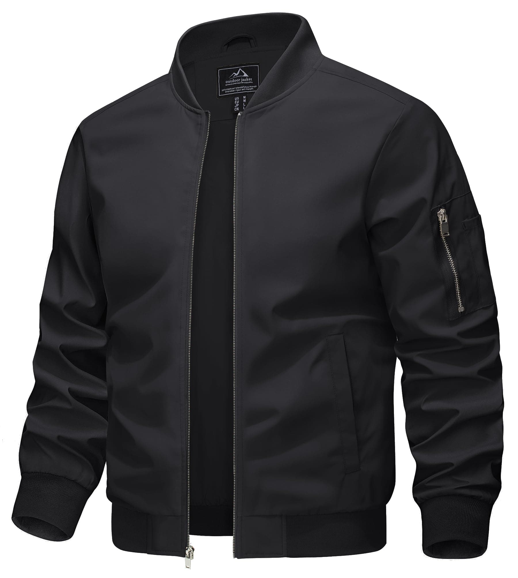 KEFITEVD Herren Leichte Dünne Bomberjacke mit Ärmeltasche Blouson Jacke Übergangsjacke Stehkragen US Fliegerjacke mit Innentasche L Schwarz
