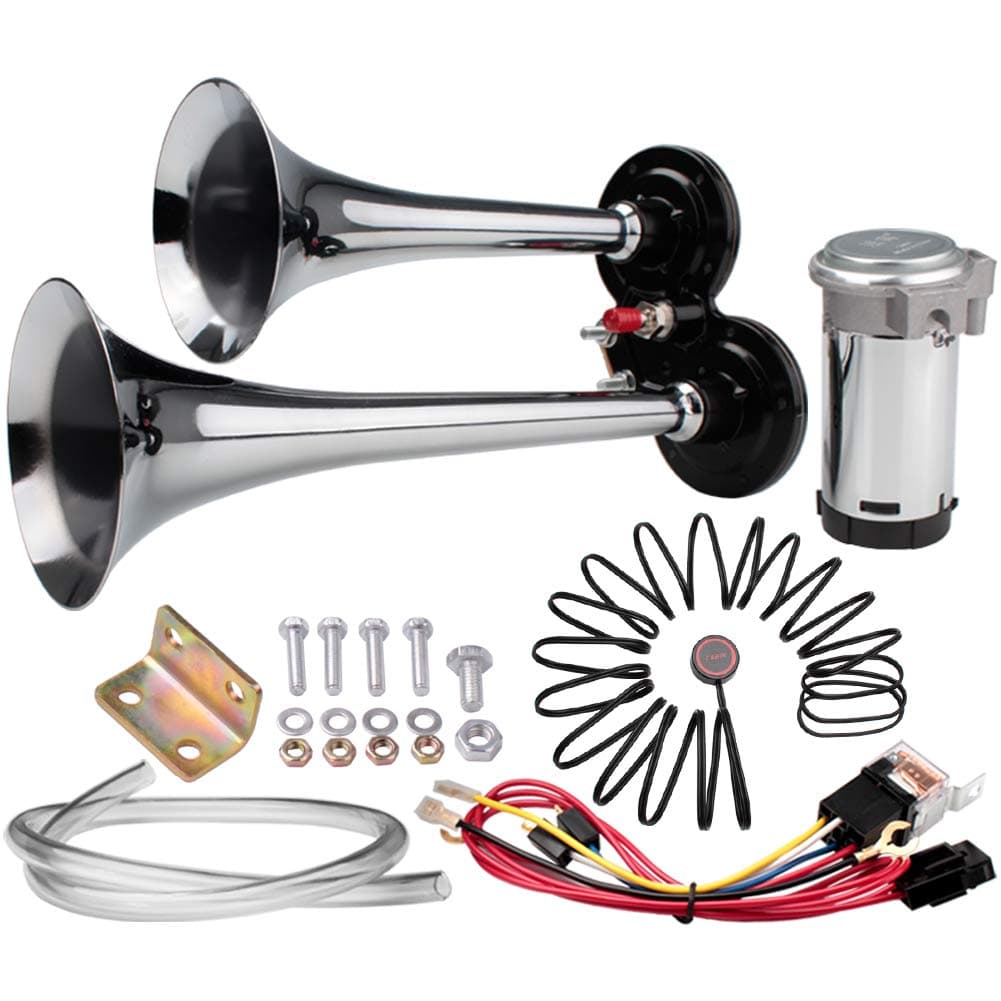 FARBIN Auto Horn 12V 150db Super Loud Air Hupe, Chrom Zink Dual Trompete Air Horn, LKW Hupen mit Kompressor Drahtbaum und Knopf, für alle Fahrzeuge (12V, Doppelrohr Luft horn mit Knopf) Doppelrohr Luft horn mit Knopf 12V