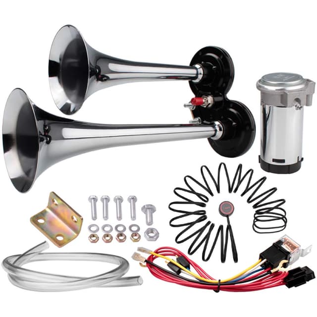 FARBIN Auto Horn 12V 150db Super Loud Air Hupe, Chrom Zink Dual Trompete Air Horn, LKW Hupen mit Kompressor Drahtbaum und Knopf, für alle Fahrzeuge (12V, Doppelrohr Luft horn mit Knopf) Doppelrohr Luft horn mit Knopf 12V