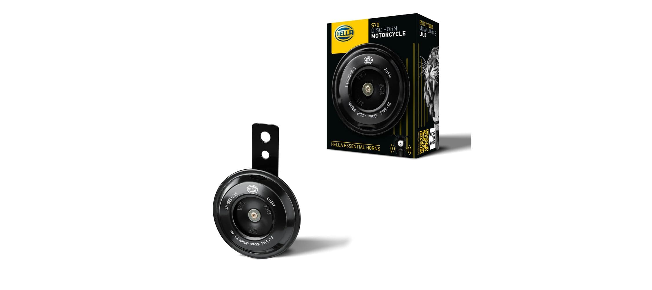 HELLA Motorrad Hupe 12V - ESSENTIAL HORN S70-12V - 108dB(A) - Frequenzbereich: 460Hz - Hochton - elektrisch - Menge: 1-3AL 012 588-061 Tellerhorn - Hochton Single