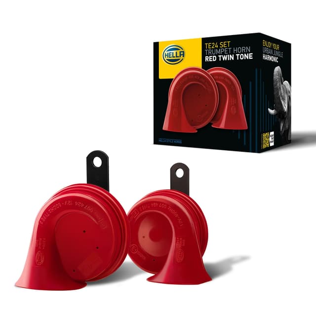 HELLA Fanfare - STYLE HORN TE24 SET - 12V - 110dB(A) - Frequenzbereich von: 400Hz - Frequenzbereich bis: 500Hz - Tiefton/Hochton - elektrisch - Gehäusefarbe: rot/schwarz - 3FH 007 424-811 400/500 Hz ohne Zubehör Set (2 Stk)