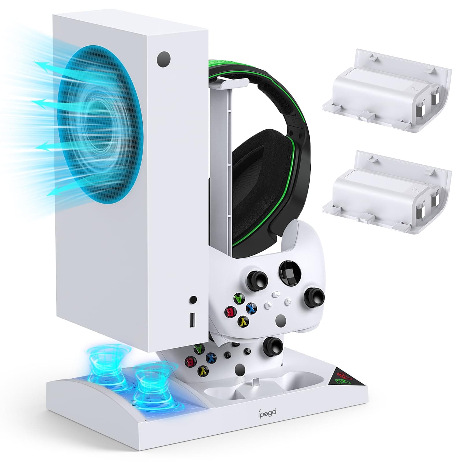 MENEEA Charger Stand with Fan Accessories for Xbox Series S Controller Charging Station and Console with Cooler, Headphone Holder, 2 x 1400mAh Rechargeable Battery (White)