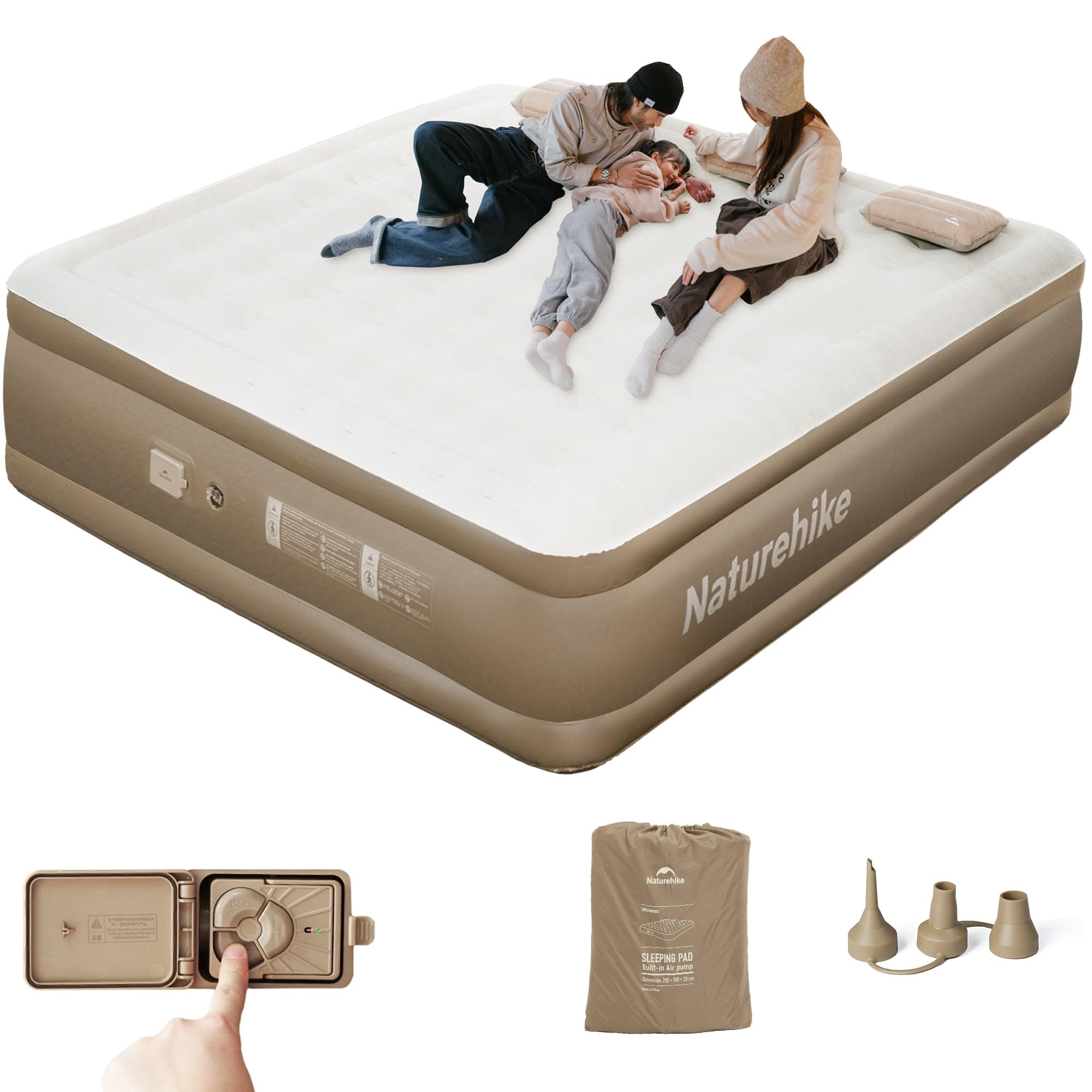 Naturehike Luftmatratze 3 Personen Selbstaufblasend mit Akkupumpe - Aufblasbares Gästebett 200x180x45cm für Camping & Zuhause, Leicht, Bequem und Schnell aufblasbar