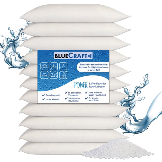 Bluecraft - 10x 1kg Luft-Entfeuchter Nachfüllpack Calciumchlorid Prills im Vliesbeutel | Effektiv & Schnell | Raumentfeuchter ohne Strom | Feuchtigkeitskiller
