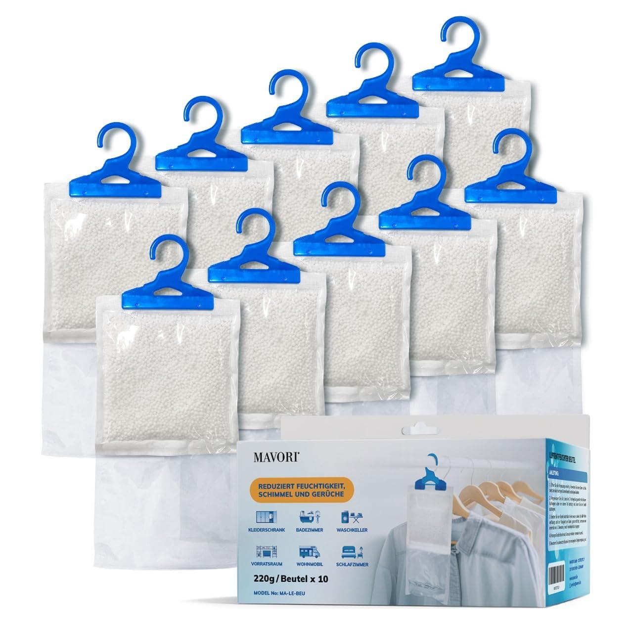 MAVORI 10er Set XL Luftentfeuchter zum Aufhängen I Luftentfeuchter Beutel I Entfeuchter Schrank und Feuchtigkeitsabsorber für Räume gegen Feuchtigkeit, Schimmel und Gerüche I bis zu 500ml je Beutel 10er Set Ohne Duft