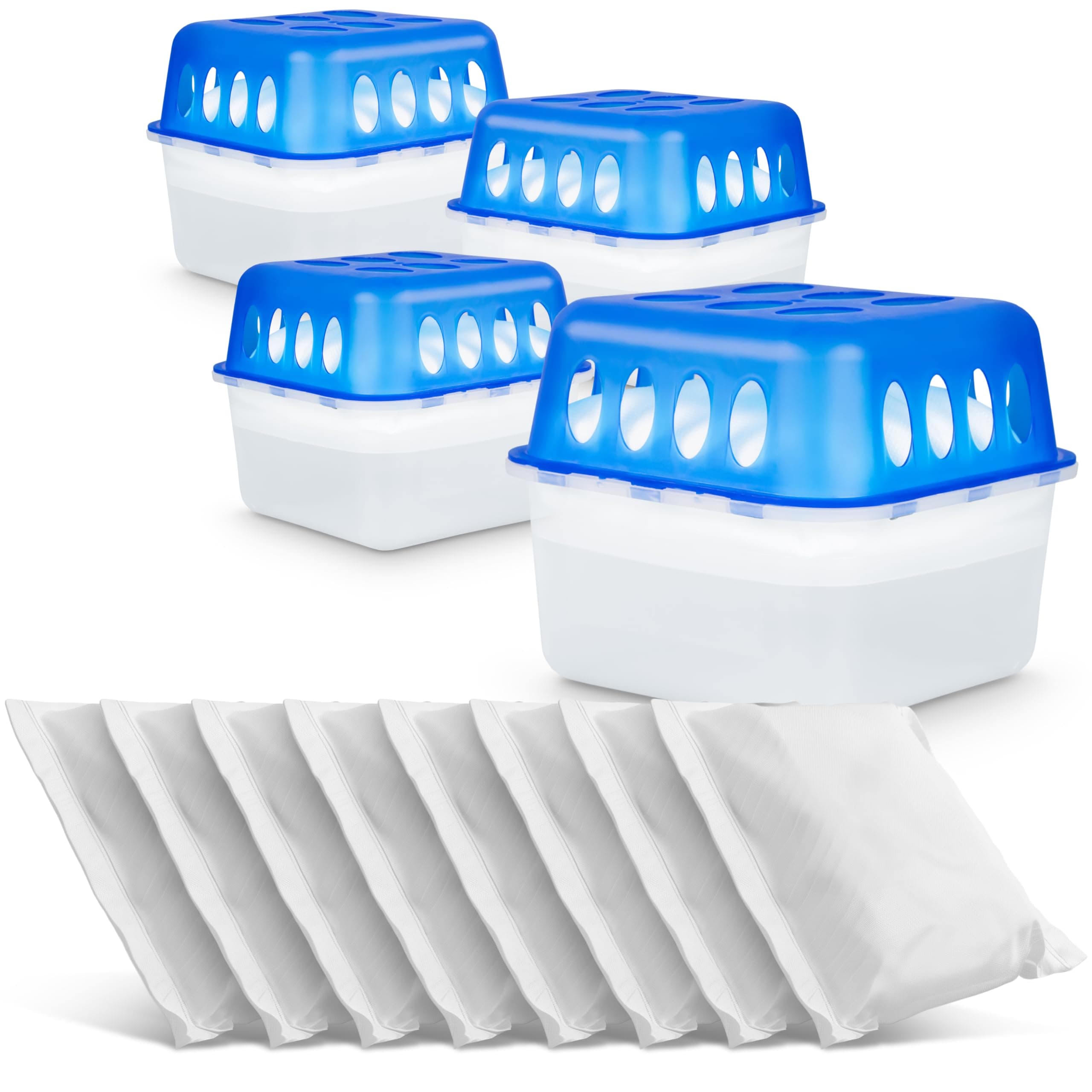4X Luftentfeuchter Raumentfeuchter Set mit 8x 400g Nachfüll-Beutel Granulat – Effektiver Feuchtigkeits-Stopper ohne Strom, Schimmel- und Geruchsschutz für Räume bis 40m² (4 Sets + 8 Nachfüller)