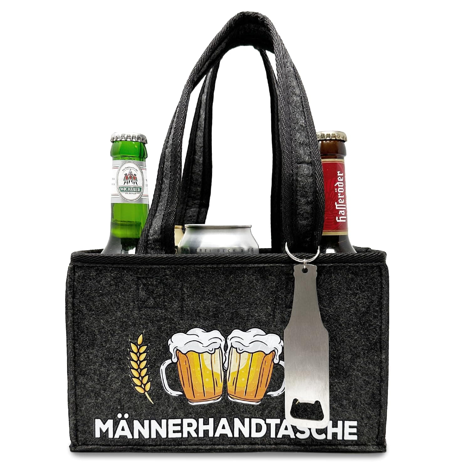 Witzige Männerhandtasche mit Flaschenöffner | Tragetasche aus Hochwertigem Filz für 6 Bierflaschen | Bier Herrenhandtasche in Grau Dunkelgrau