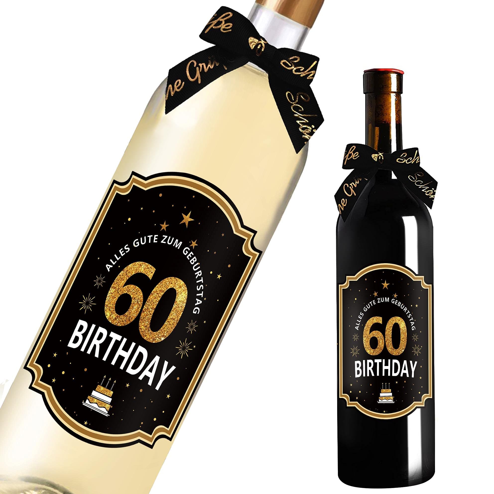 60. Geburtstag Flaschenetikett mit Schleife Schwarzes Gold Lack veredelt 8,5x11,5cm Happy Birthday 60 - Geburtstagsdeko Geburtstagsgeschenk Geschenke für Frauen Männer
