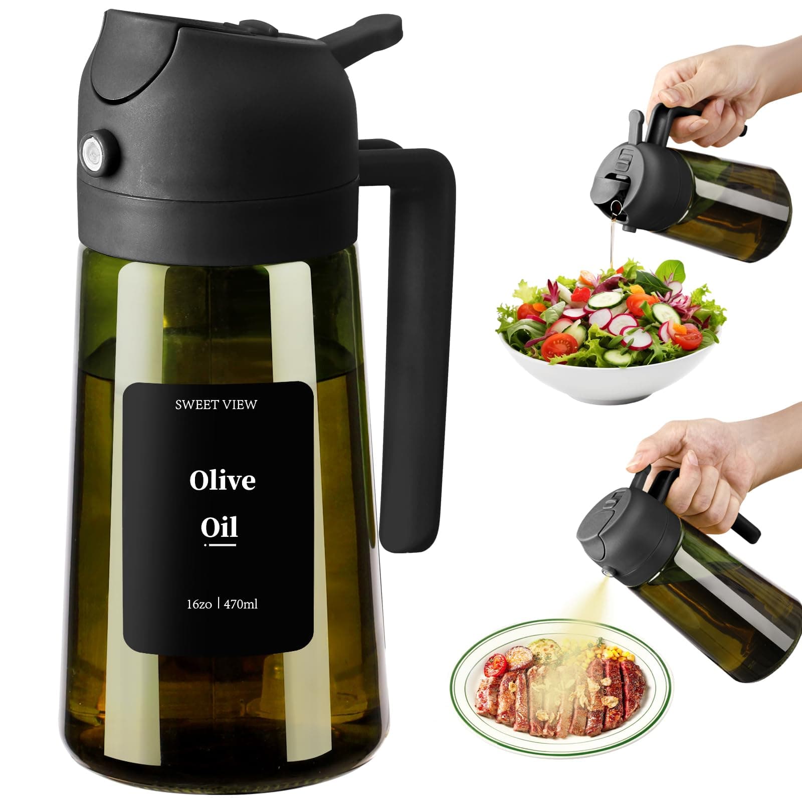 SWEET VIEW Olivenölspender und Ölsprüher – 470 ml Glas, lichtdichter Ölausgießer für Küche, Luftfritteuse, Kochen, Salat und BBQ 1 Stück Schwarz
