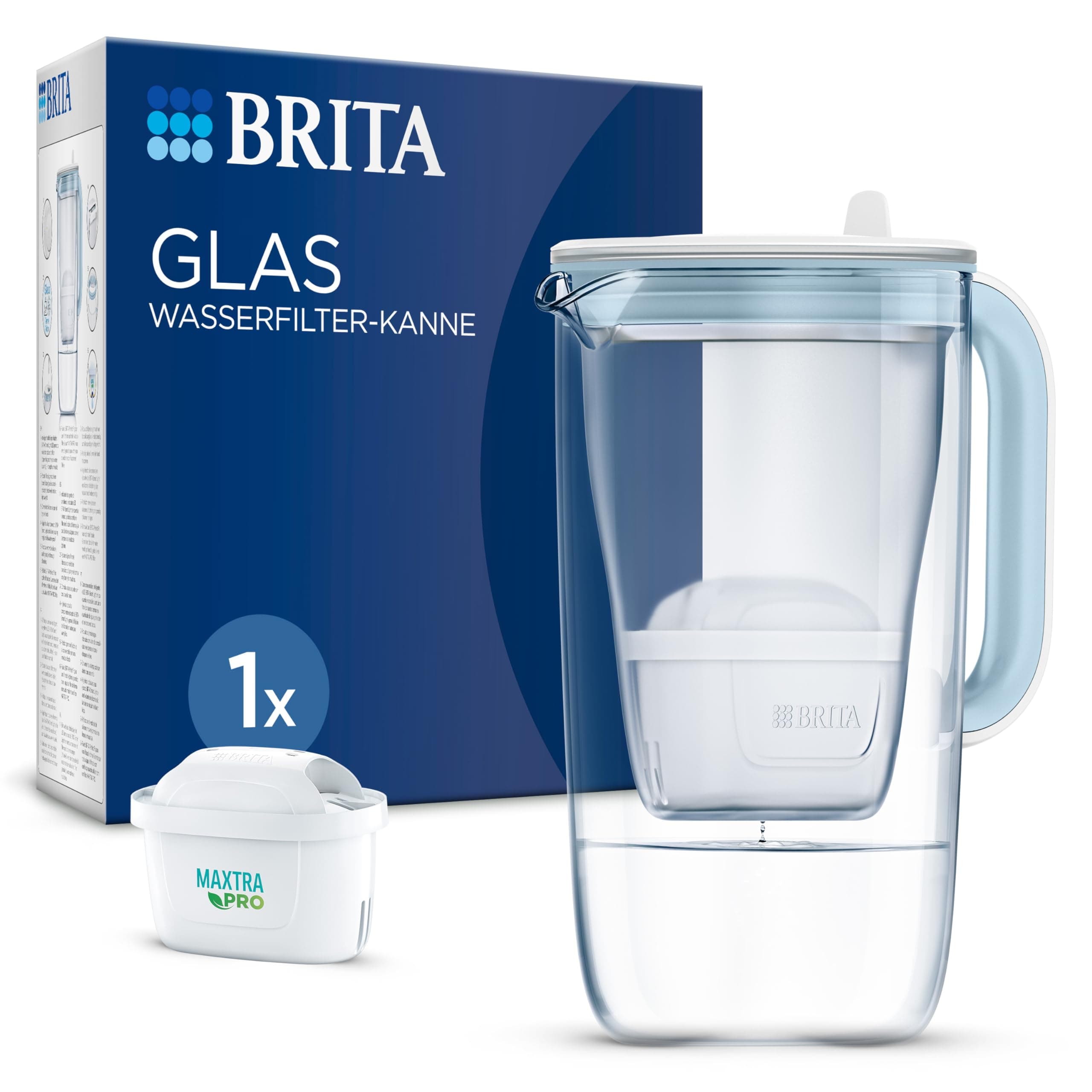 BRITA Glas Wasserfilter-Kanne hellblau (2,5l) inkl. 1x MAXTRA PRO All-in-1 Kartusche – Premium Design Kanne aus Glas, robust & leicht/reduziert Kalk, Chlor, Metalle wie Blei & Kupfer Angebot bei HelloDeals