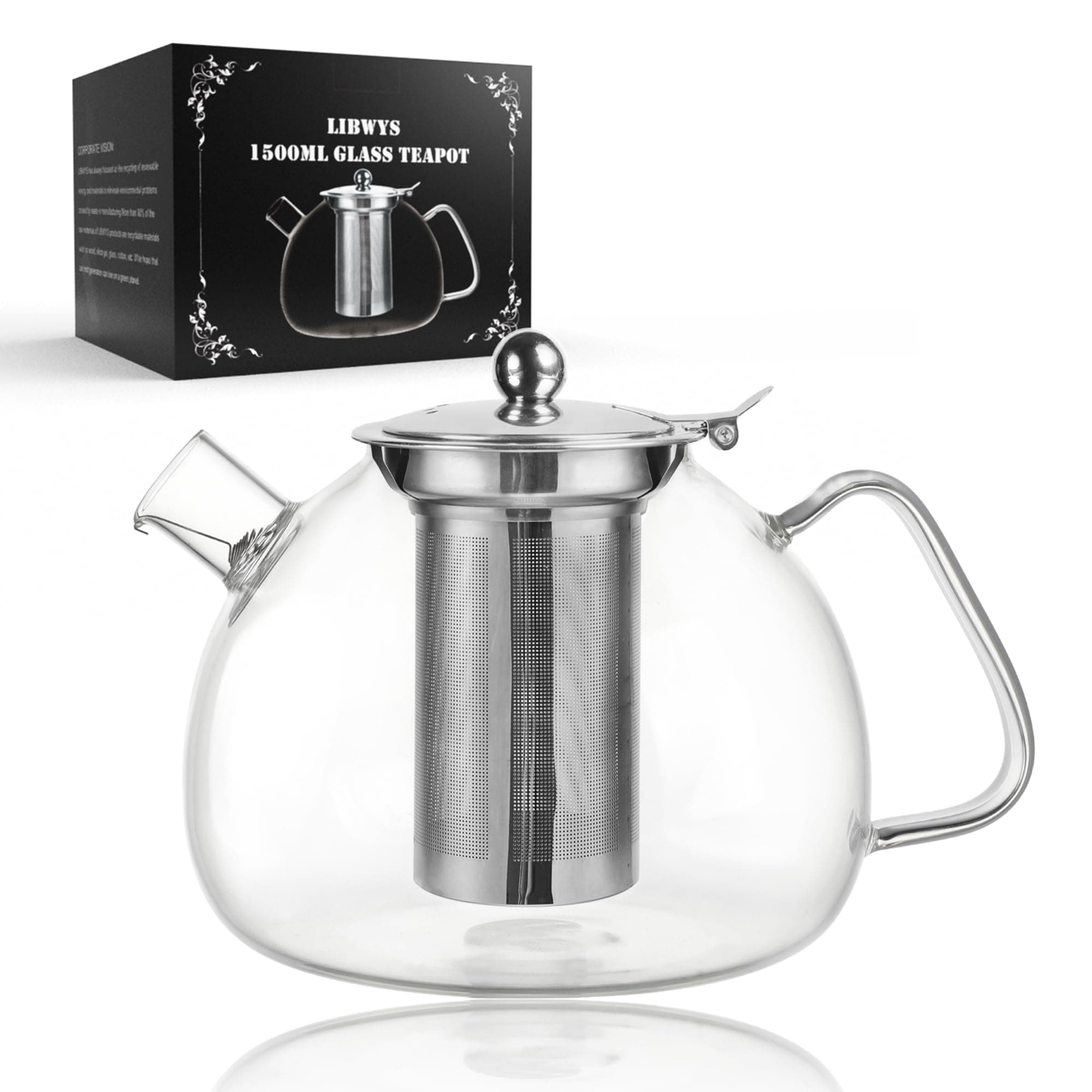 LIBWYS Teekanne 1500ml mit Abnehmbarem Siebeinsatz,Teekanne Glas aus Hitzebeständigem Borosilikatglas,Geeignet zum Aufbrühen von Tee, Blumentee, Kräutertee und Teebeuteln,Einfache Reinigung Modern-1.5L