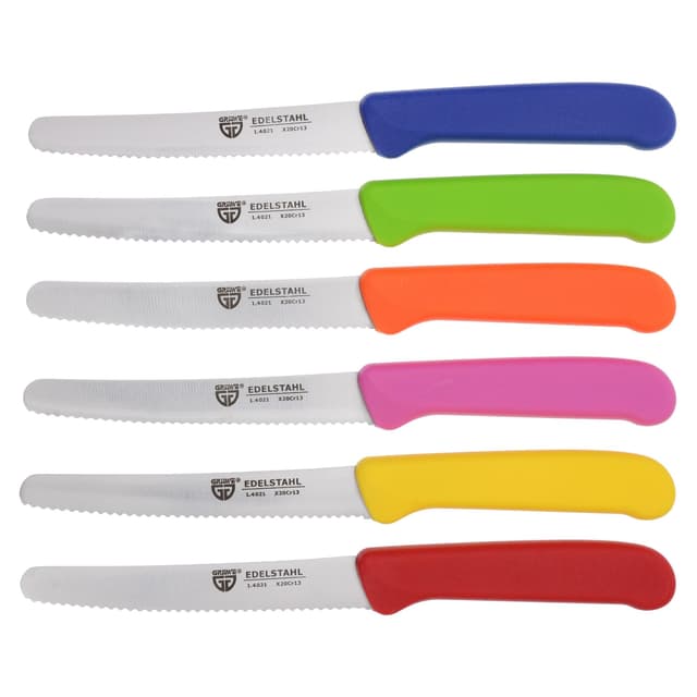 GRÄWE Tafelmesser 6 Stück, Messerset zum Schneiden, 6er Pack Brötchenmesser, Frühstücksmesser mit einseitigem Wellenschliff, Brotmesser, scharfe Messer für Brotzeit, 21 cm - Bunt Bunt 6er Messerset