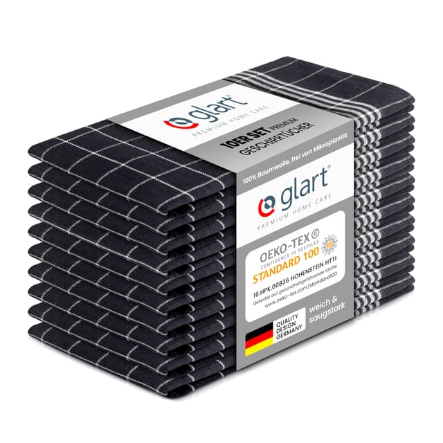 Glart 48GI2 10er Set Geschirrtücher Küchentücher, 50x70 cm, 100% Baumwolle Oeko-TEX Standard 100, grau, fusselfrei, vorgewaschen, Tücher für Küche und Abwasch Küchentücher 10er Grau