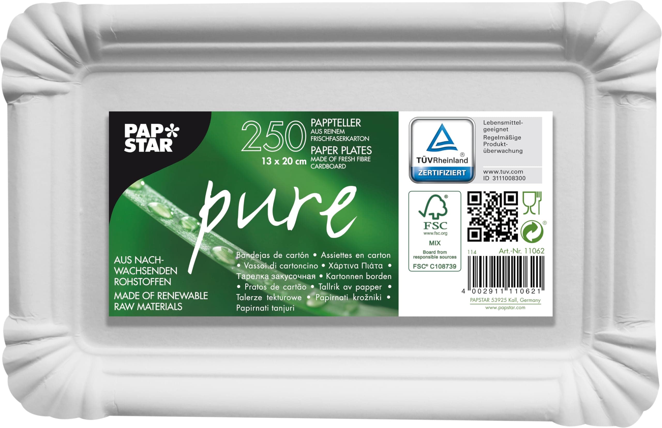 PAPSTAR 11062 250 Teller, Pappe Pure eckig 13 x 20 cm, weiß