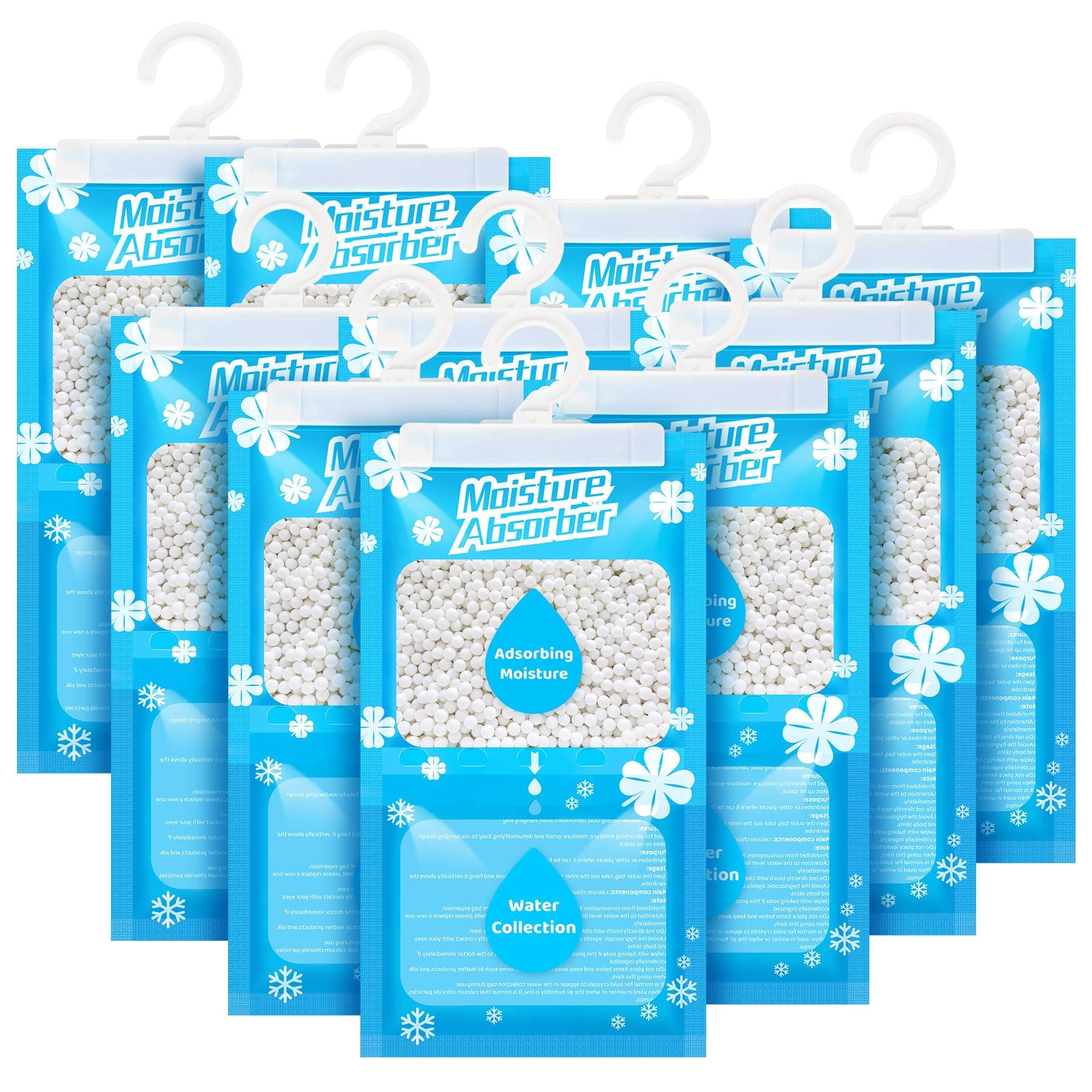 OMECO Hängender Entfeuchtungsbeutel, Feuchtigkeitsdichter Einweg Trockenbeutel, 10 * 230g Entfeuchtungsgranulat, Geeignet für Waschküche, Kleiderschrank, Bücherregal usw, Beseitigt Gerüche Kein Duft,10 Packungen X 230g