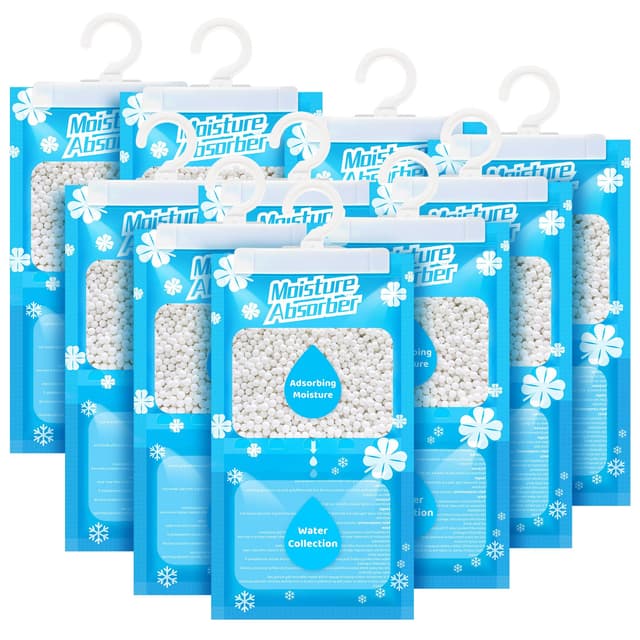 OMECO Hängender Entfeuchtungsbeutel, Feuchtigkeitsdichter Einweg Trockenbeutel, 10 * 230g Entfeuchtungsgranulat, Geeignet für Waschküche, Kleiderschrank, Bücherregal usw, Beseitigt Gerüche Kein Duft,10 Packungen X 230g
