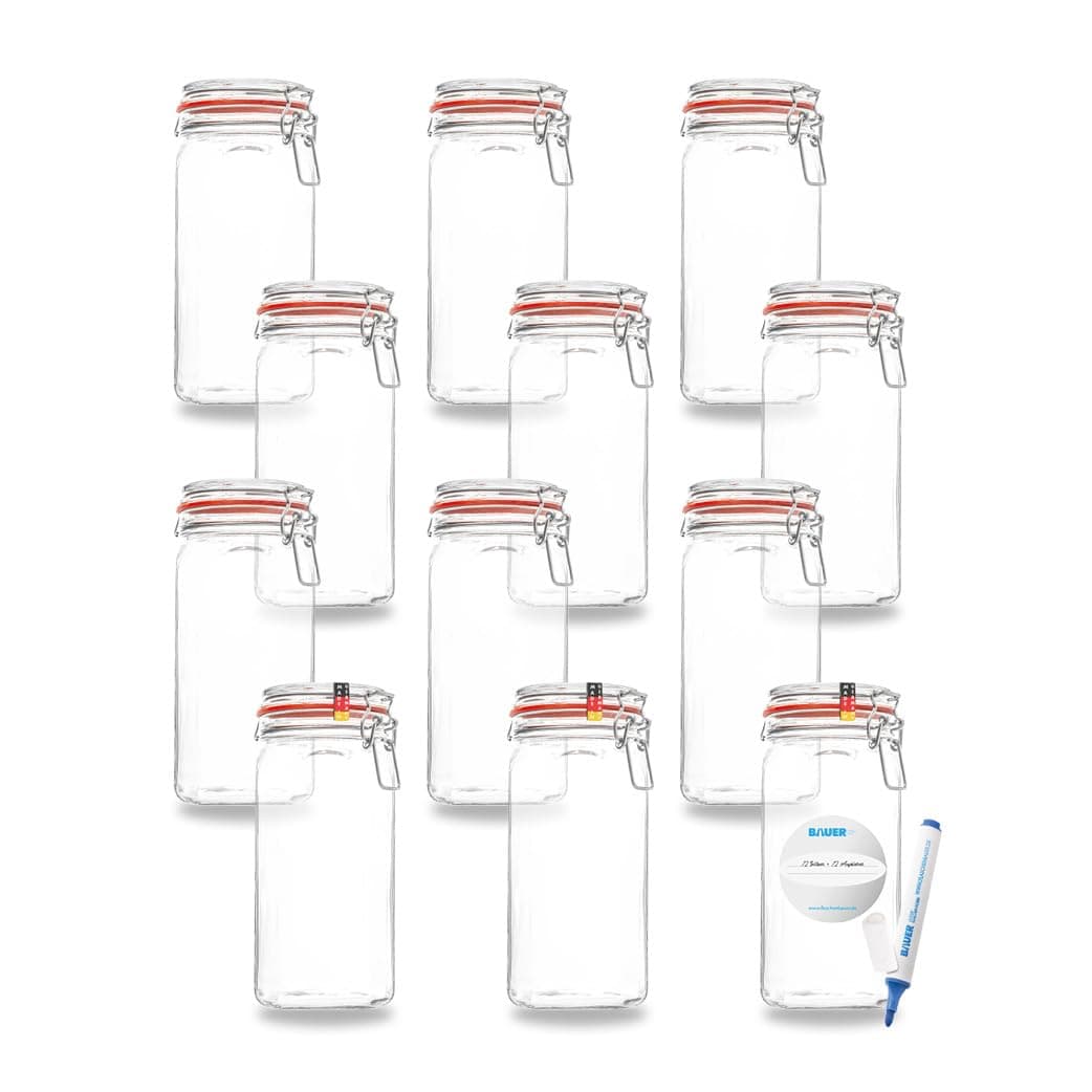 BAUER Flaschenbauer - 12 -teiliges Set Drahtbügel-Vorratsgläser 1550ml, geeignet als Einmach- und Fermentierglas, zur Aufbewahrung, zum Befüllen, Drahtbügelgläser Inklusive Etiketten - Made in Germany 1550 x 12 Stück Angebot bei HelloDeals