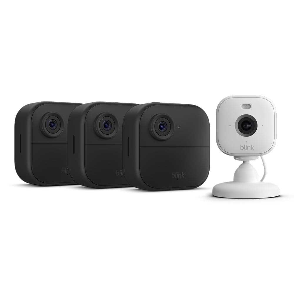 Blink-Kamera Outdoor 4 + Blink Mini 2 Weiß| Kabellose intelligente HD-Sicherheitskamera, zwei Jahre Batterielaufzeit, fortschrittliche Bewegungserfassung, 3-Kamera-System