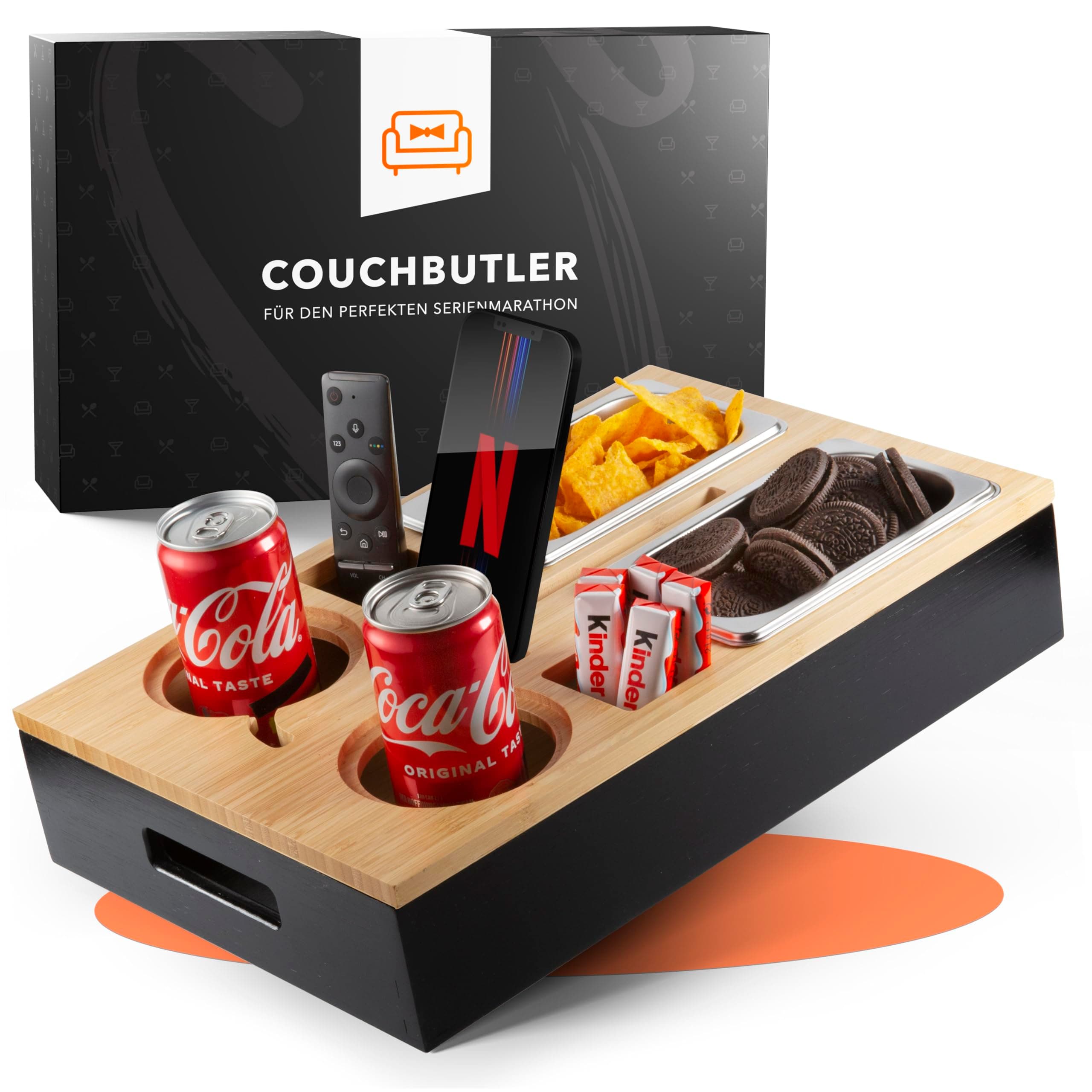 Couchbar Snackbox aus Bambus Personalisierbar inkl. Geschenkbox | Sofa Tablett mit 2 Snackschalen, 2 Getränkehalter mit Untersetzer, magnetischer Deckel, Handyhalterung Ohne Gravur Schwarz