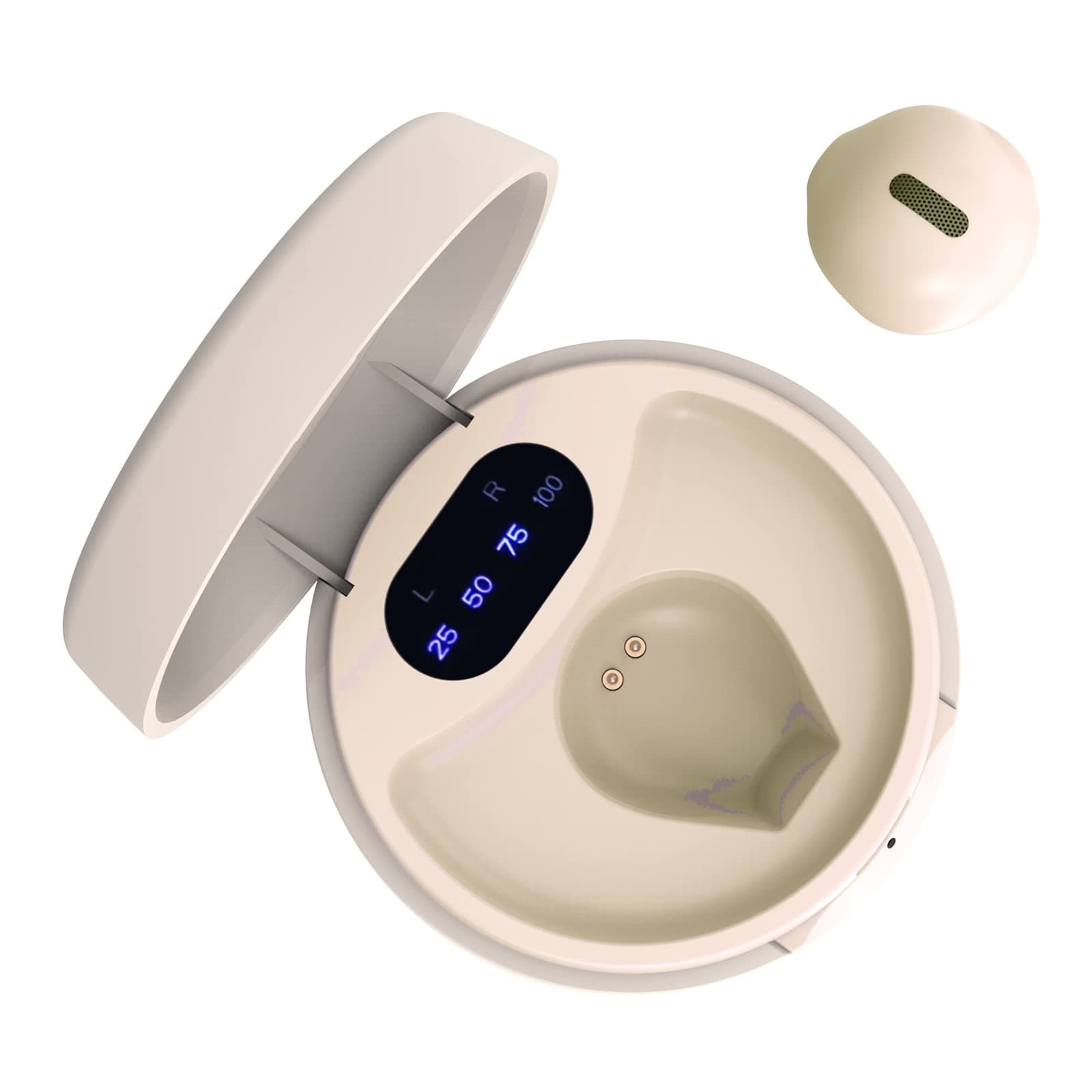 Mini-Bluetooth-Headset, Auto-Kopfhörer, einzelne kabellose Bluetooth-Ohrhörer mit Ladehülle für iOS, Android, Smartphone, Sprachanrufe, PC (Single-Beige)