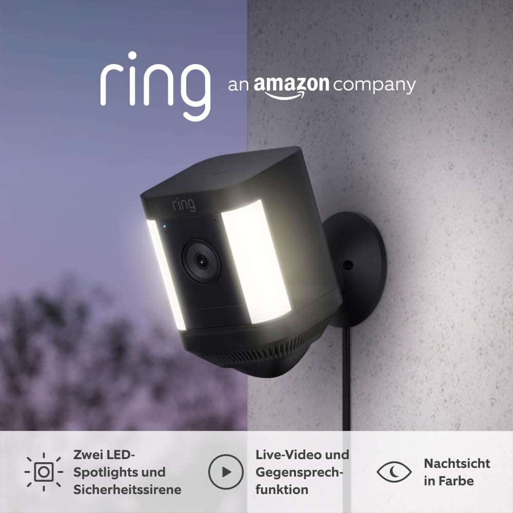 Ring Spotlight Cam Plus Plug-in | Überwachungskamera aussen mit WLAN, HD-Video, Sicherheitskamera mit LED-Flutlicht, Nachtsicht in Farbe, Bewegungserfassung und Sirene | 4 Kameras