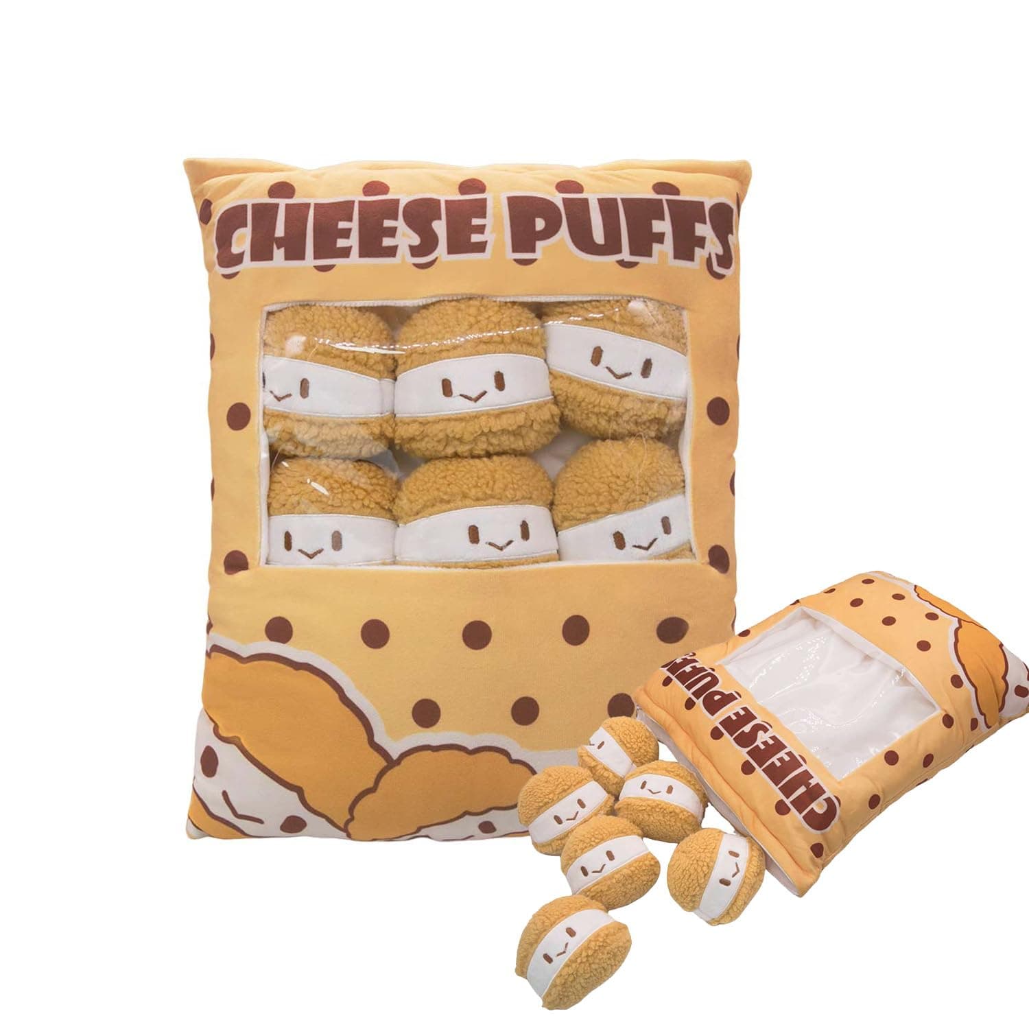 Mislaxy Snackbeutel Kissen Cheese Puffs Gefülltes Kissen Plüsch Puff-Kissen Süßes Snackkissen Abnehmbar Lustiges Snack Weiches Kissen mit 6 Puffs Kuscheltier Medium Gelb