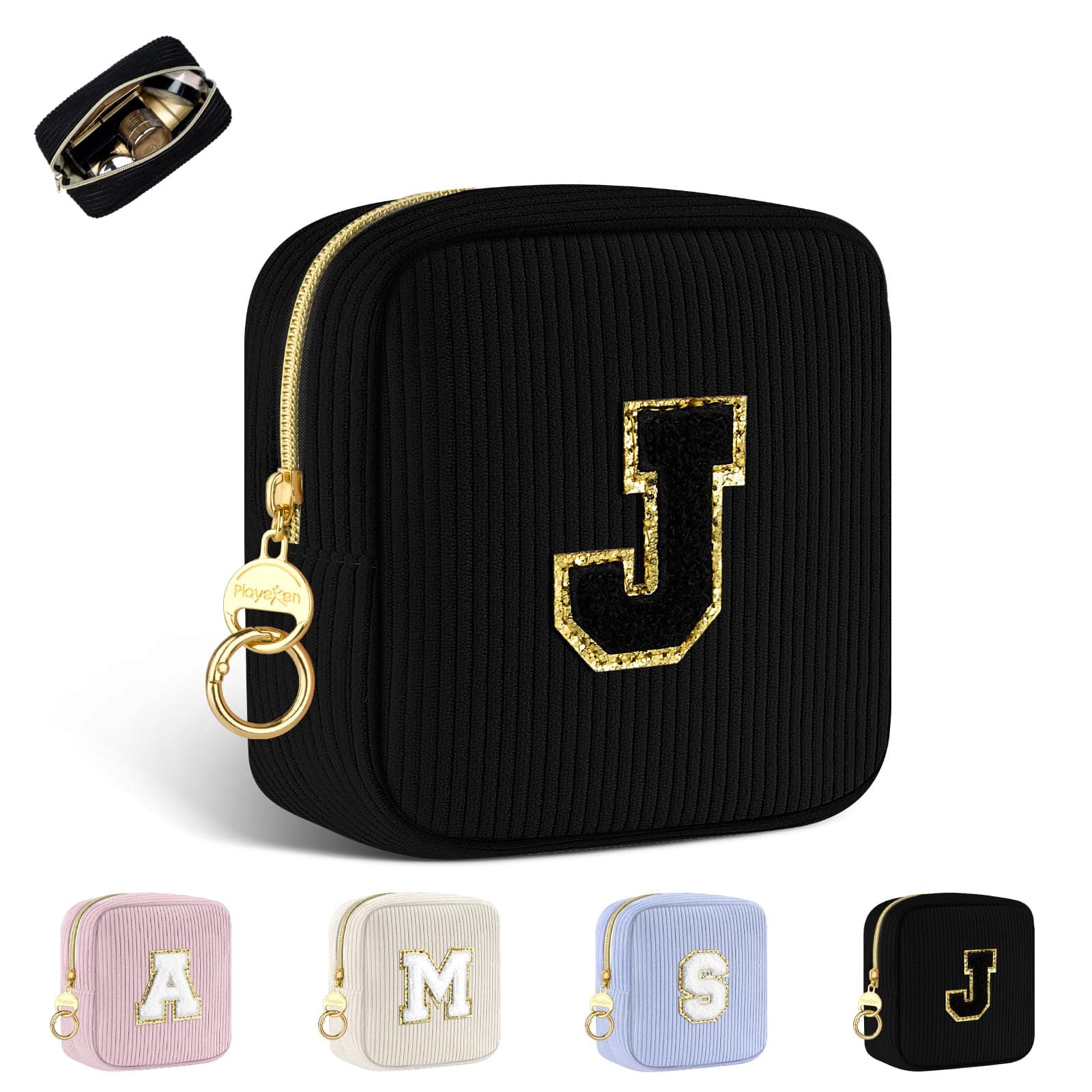 Personalisierte Kosmetiktasche Kleine Make up Tasche Cord Schminktasche Damen Tragbare Reise-Kulturbeutel für Toilettenartikel Organizer Personalisierte Initialen Geburtstag für Mädchen Schwarz J Schwarz-j