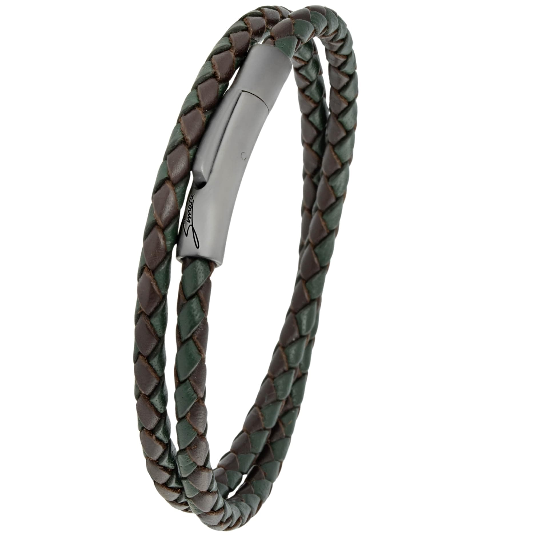 Simaru Premium Lederarmband Made in Germany für Damen & Herren, Unisex Echtleder Armband geflochten mit Edelstahl Hakenverschluss, hautfreundlich XL - Handgelenkumfang von 18-19cm Dunkelgruen mix
