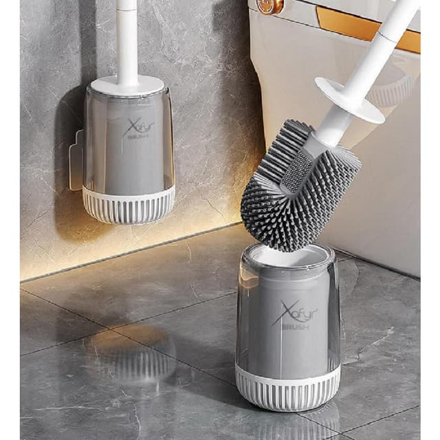 Xafyr®Brush - Toilettenbürste Silikon – Patentierte WC Bürste & Halter mit Wandmontage ohne Bohren, Weißer Stiel & Graue Borsten, Antibakteriell, TurboTrocknung, Innovativ & Hygienisch