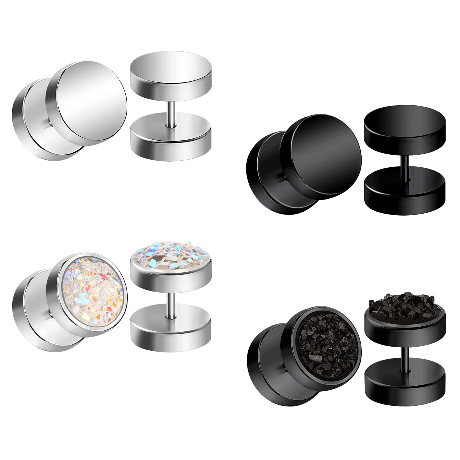 AceFun 16G Gefälschte Runde Ohrstecker Chirurgenstahl Punk Stil Fake Ohrringe Stecker Männer Frauen Clip auf Tunnel Ohr Piercing Fake Ears Plugs 4 Paare-schwarzsilber
