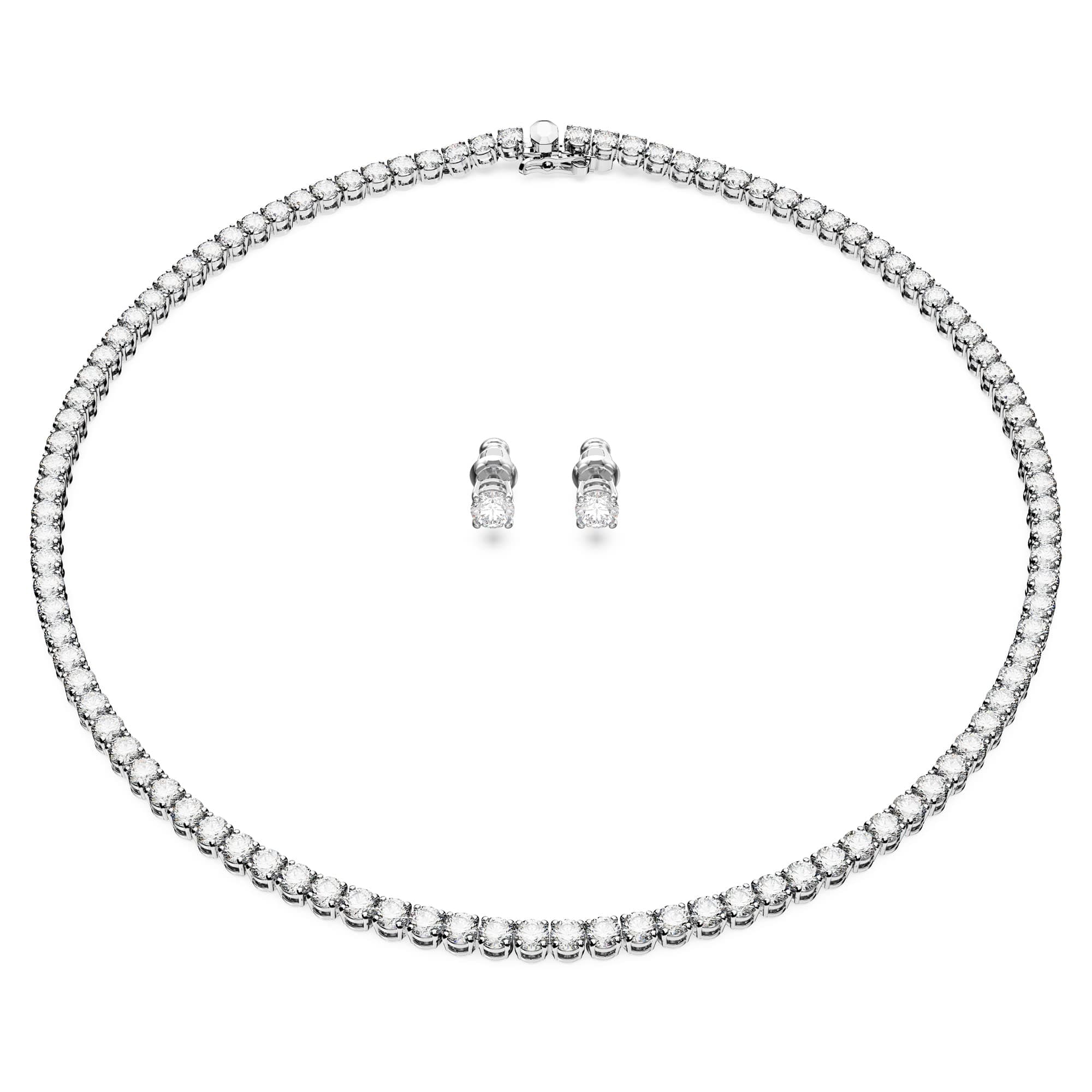 Swarovski Matrix Tennis Set, Rhodinierte Halskette und Ohrringe mit Strahlenden Weißen Swarovski Kristallen