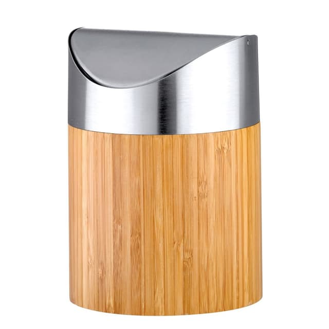 axentia 116809 Kosmetikeimer Bonja aus Bambus und Edelstahl matt gebürstet-Schwingdeckeleimer klein-Kosmetik Mini Mülleimer mit Einsatz-Bad Abfalleimer 0,8 Liter, Silber/holzfarben, 12 x 12 x 16.5 cm