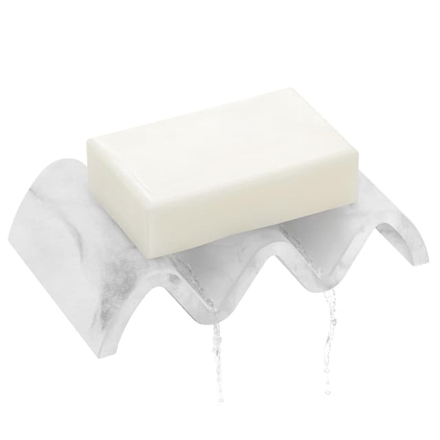 PENGARO Marmor Seifenschale mit Ablauf, Wellenform Seifenschale Dusche Seifenhalter Schnell Trockend Seifenbox Schmuckschale Ring Tablett Seifen Ablage für Badezimmer Schwammhalter Küche, Marmorweiß Wellenform Marmorweiß