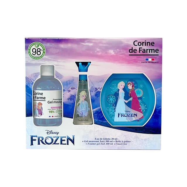 Corine de Farme - Frozen Die Eiskönigin Set mit Eau de Toilette 30 ml, Schaumbad 300 ml und Brotdose, Geschenk für Mädchen, Duft für Kinder, Erdbeerduft – Fruchtiges Gel 3-in-1