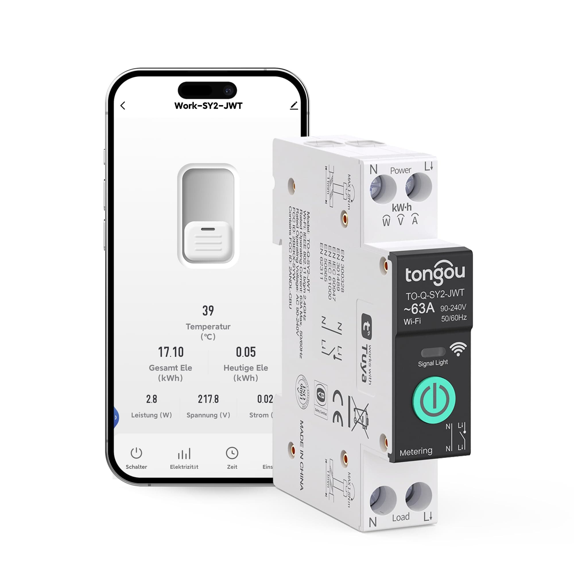 TONGOU SY2 JWT| 63A WLAN Smart-Relais-Schalter DIN-Hutschienen mit Leistungsmessung | Hausautomatisierung| TUYA Kein Hub erforderlich | Kabellose Lichtsteuerung &Drahtlose Steuerung von Elektrogeräten WIFI Versionen
