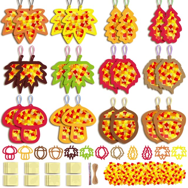 24 Stück Fensterbilder Herbst, Herbst Bastelset Kinder, DIY Herbstdeko mit 24 Fensterbilder, 24 PET-Aufkleber, 500 Konfetti, 24 Bunte Schnüre und 1 Schnur, Basteln Blätter & Acorn Decor