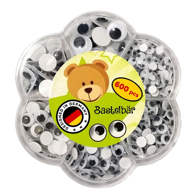 Wackelaugen Selbstklebend • 600 Stück • Premium Kulleraugen selbstklebend • Sortiert • Deutsches Kleinunternehmen • Augen zum Basteln • Bastel Augen für DIY Scrapbooking uvm • Verschiedene Größen 600er Box - 4,5,6,7,8,10,12 mm