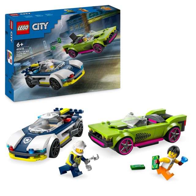 LEGO City Verfolgungsjagd mit Polizeiauto und Muscle Car, Auto-Spielezug mit 2 Rennautos, Polizei-Geschenk für Kinder, Jungs und Mädchen ab 6 Jahren, Set mit Polizist und Ganovin-Minifiguren 60415 Single