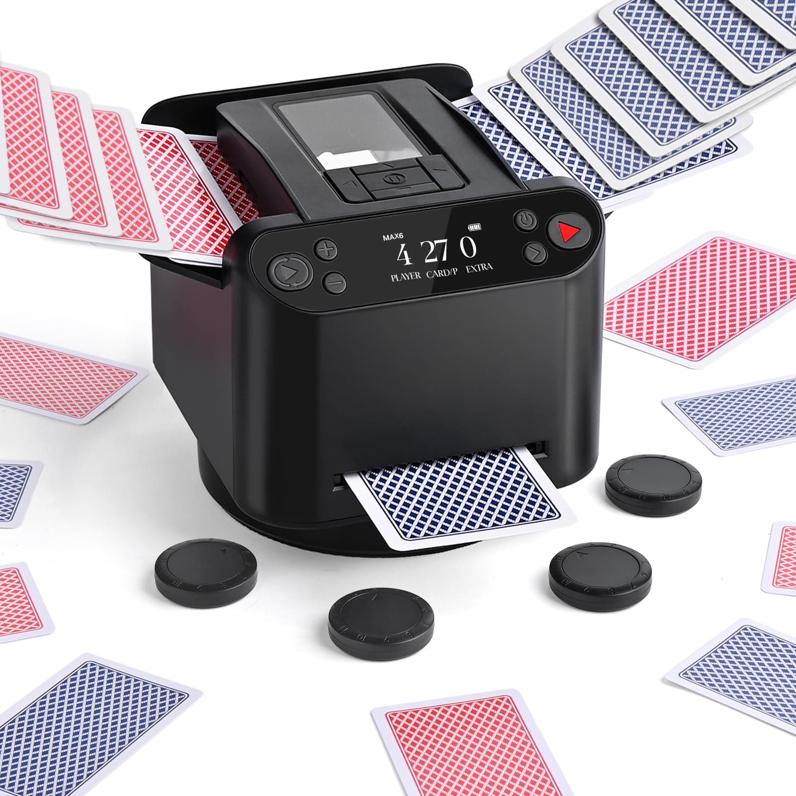 Automatischer Kartenmischer und Austeiler, 360° Drehung für 1–2 Decks, Kartenmischmaschine Kartenmischgerät mit verteiler, 2–12 Spieler mit 4 Fernbedienungen, Wiederaufladbar, Leise für Poker Schwarz