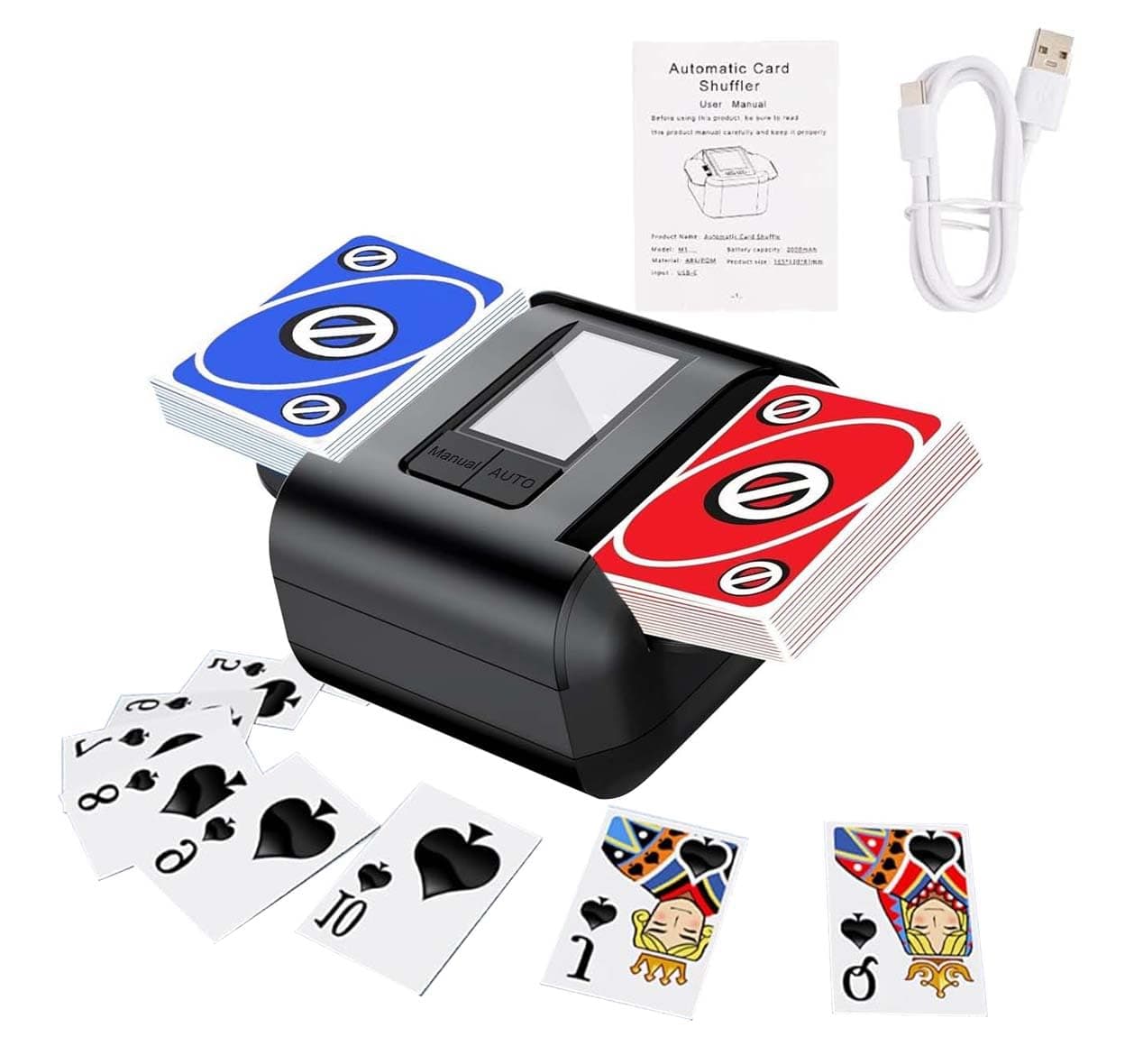 AVUMDA Kartenmischmaschine Elektrische, Automatischer Kartenmischer für 1–2 Decks One-Press Auto & Manueller Wiederaufladbar 2000mAh Geräuscharm für Poker UNO Blackjack Skip-BO Phase 10 Texas Hold'em