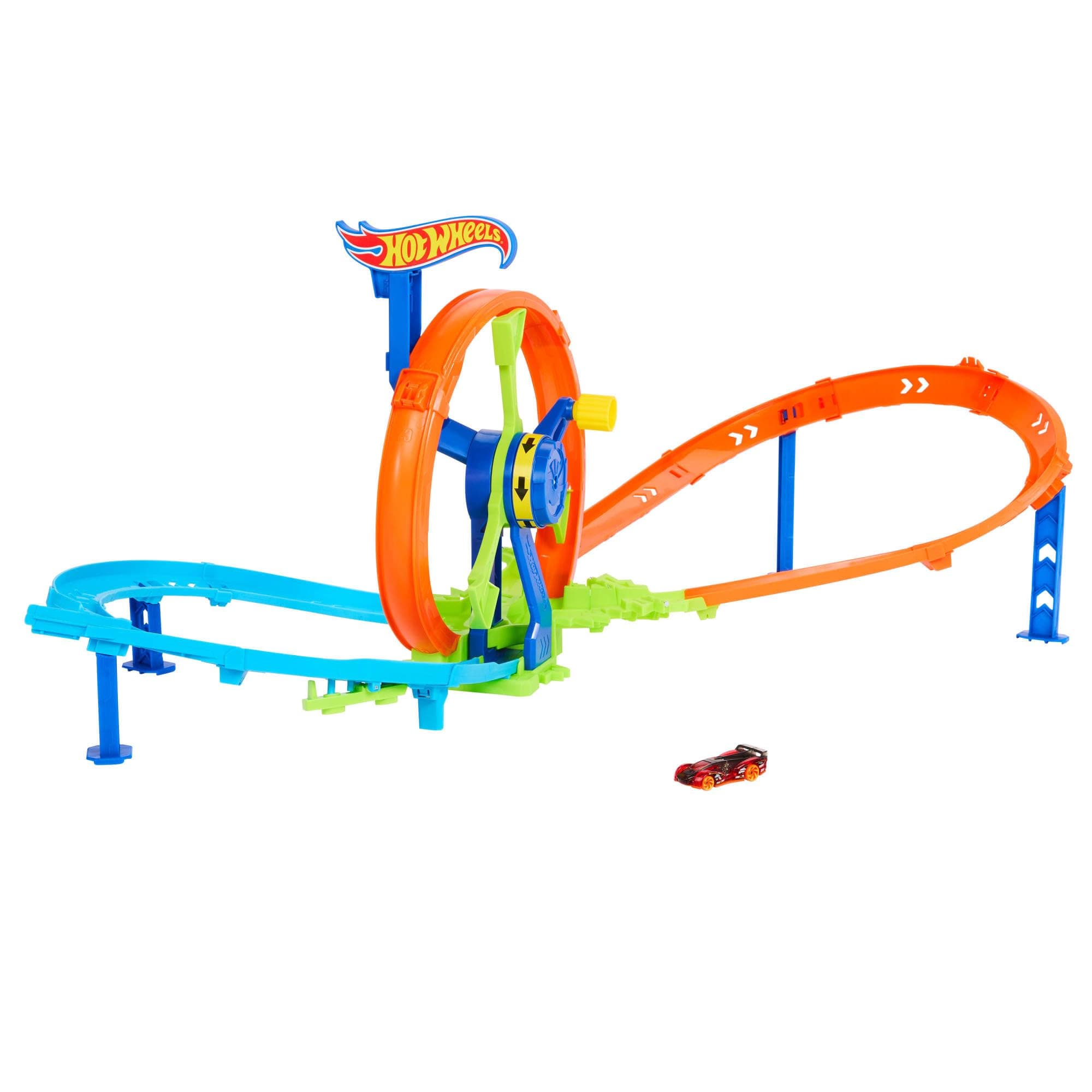 Hot Wheels Spielzeugauto Streckenset, Schnellstart- und Looping-Spielset und Die-Cast-Fahrzeug im Maßstab 1:64, Streckenset mit 8er-Kurve, Crash-Zone und Looping-Kicker, JBX65 Angebot bei HelloDeals