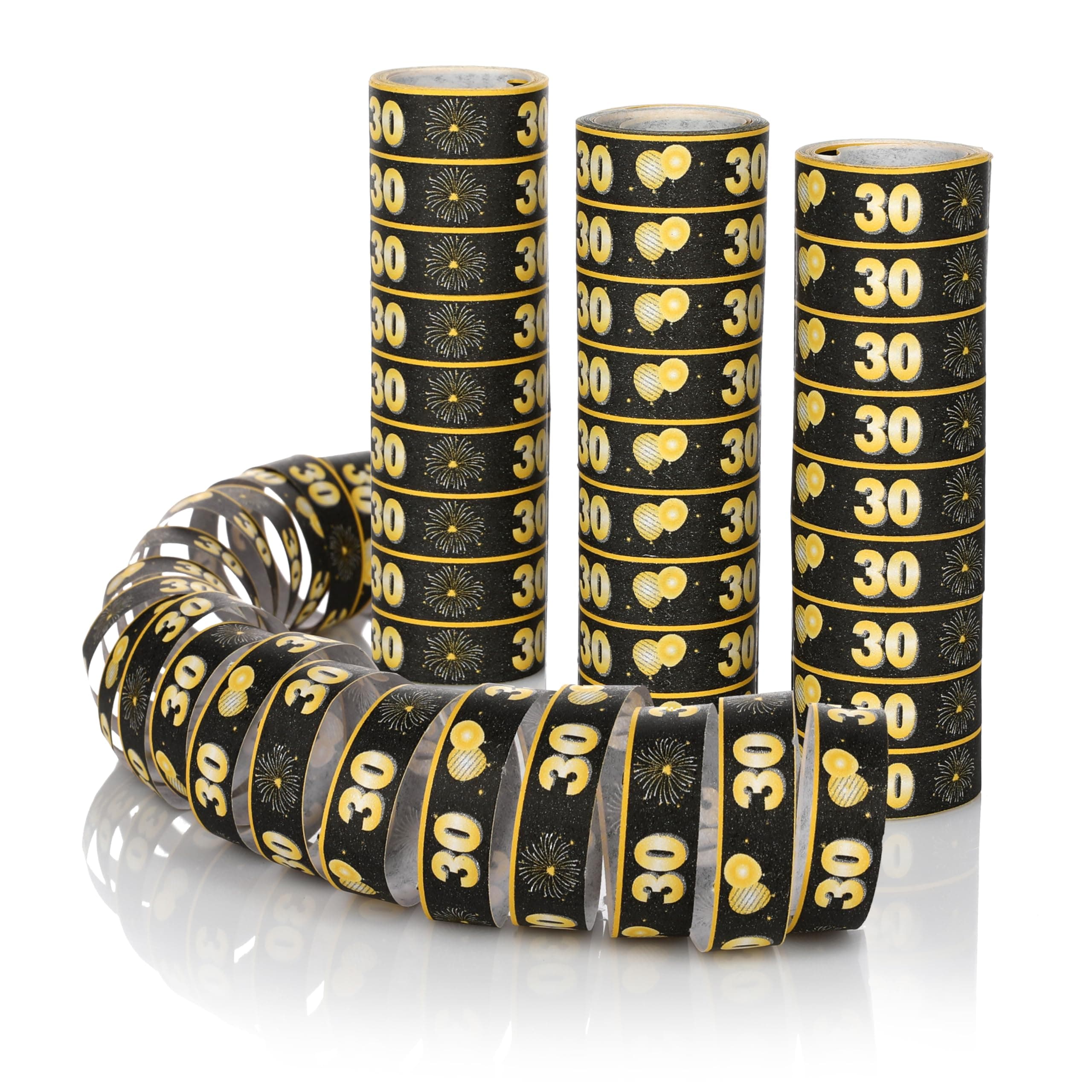 FunX Luftschlangen 30. Geburtstag 3er Pack - Gold Schwarze Party Deko und Tischdeko für Mann oder Frau - Ideal für den Geburtstagstisch
