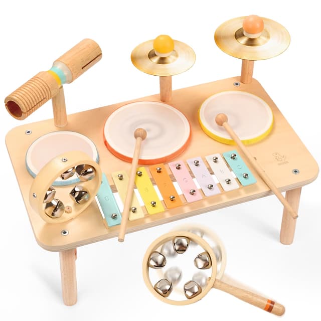 OATHX 9 in 1 Schlagzeug Kinder Trommel Holz – Musikinstrumente für Kinder ab 1 Jahr, Montessori Baby Spielzeug Geschenk für 1 2 3 4 5 6 Jahre Junge Mädchen