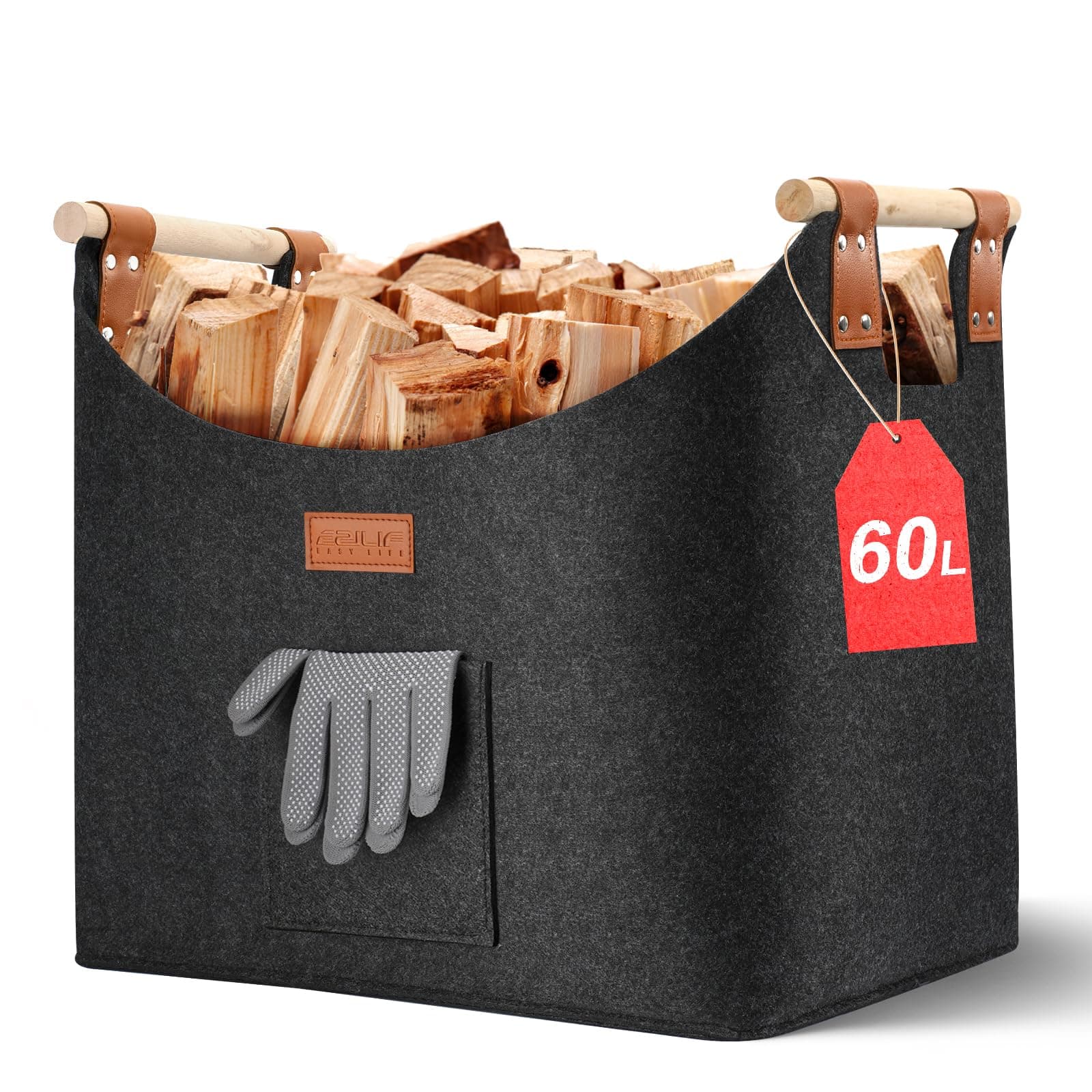 Ezilif Holzkorb für Kaminholz Groß XL, Kaminholzkorb mit Doppelt Verstärkten Leder, 60L Brennholzkorb aus Filz, Filzkorb Kaminholz mit Fronttasche, Faltbarer Korb für Kaminholz 45x32x40cm 45x32x40cm(60L)