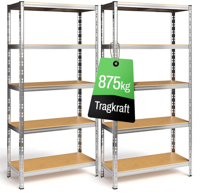 Ondis24 2er Set Metallregal Thomas, Lagerregal 90x40x180 (H) cm, Kellerregal bis 875kg belastbar, Silber, mit 5 Fachböden, je 175 kg belastbar, höhenverstellbar, Schwerlastregal (Easy-Mount) 1 Easy-Mount