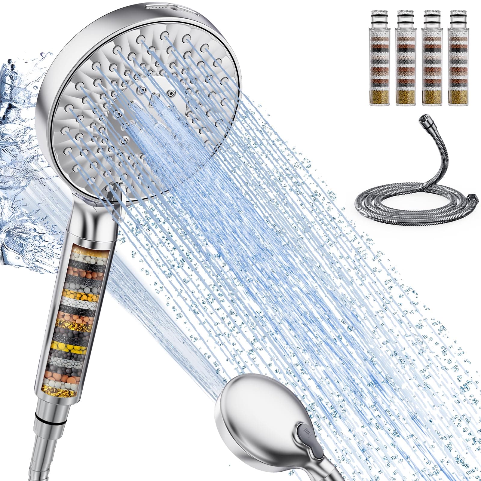 SR SUN RISE Duschkopf mit Filter,9 Strahlarten Duschkopf mit Schlauch,Handbrause mit 4 Duschfilter,Hochdruck Handbrause mit 20 Schichten Filtrierung für Hartes Wasser,Rest-Chlor,Schwermetall,Bakterien Vier-Kartuschen-Kombination Chrom 9 Strahlarten Schlau