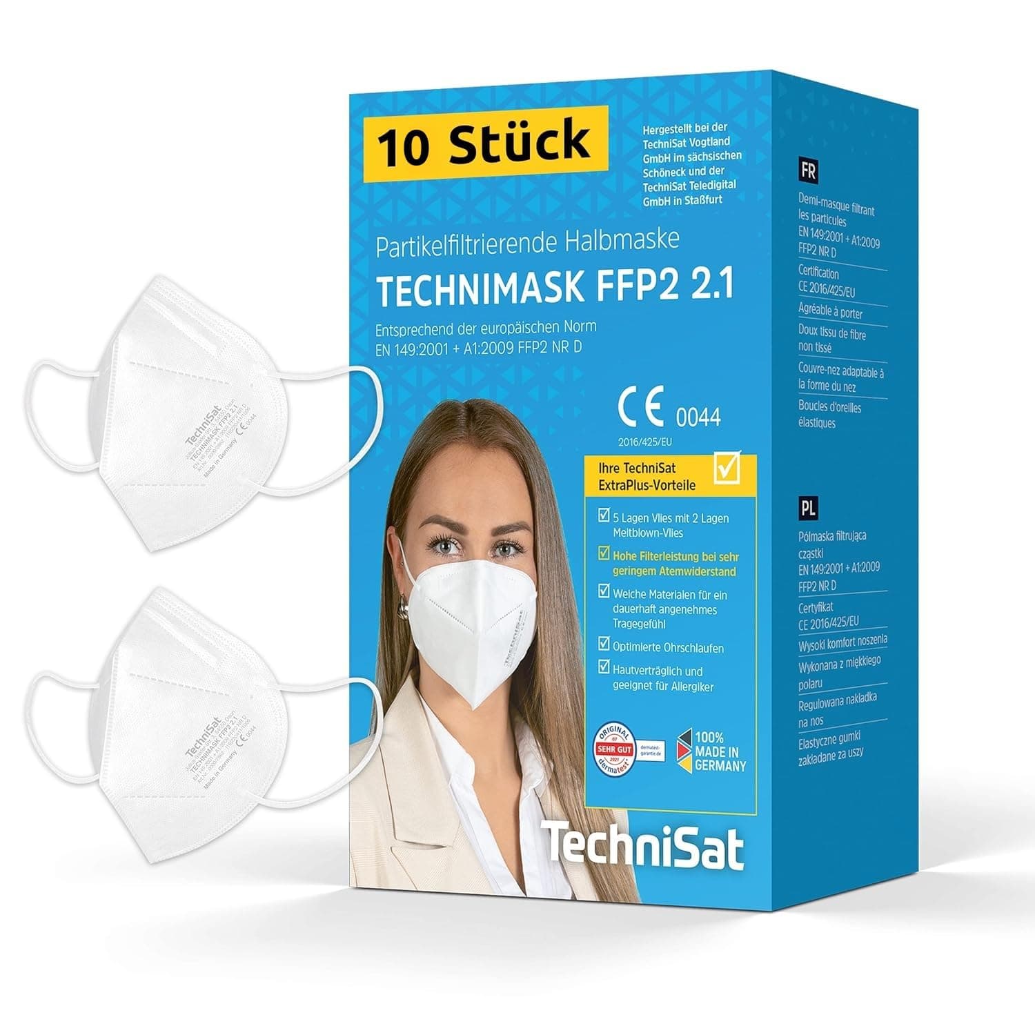 TechniSat TECHNIMASK 2.1 – 10 Stück FFP2 Maske aus Deutschland (Dolomitstaub-geprüft, 5-lagige Atemschutzmaske mit hochwertigem Vlies, geringer Atemwiderstand, Made in Germany) Dolomitstaub geprüft