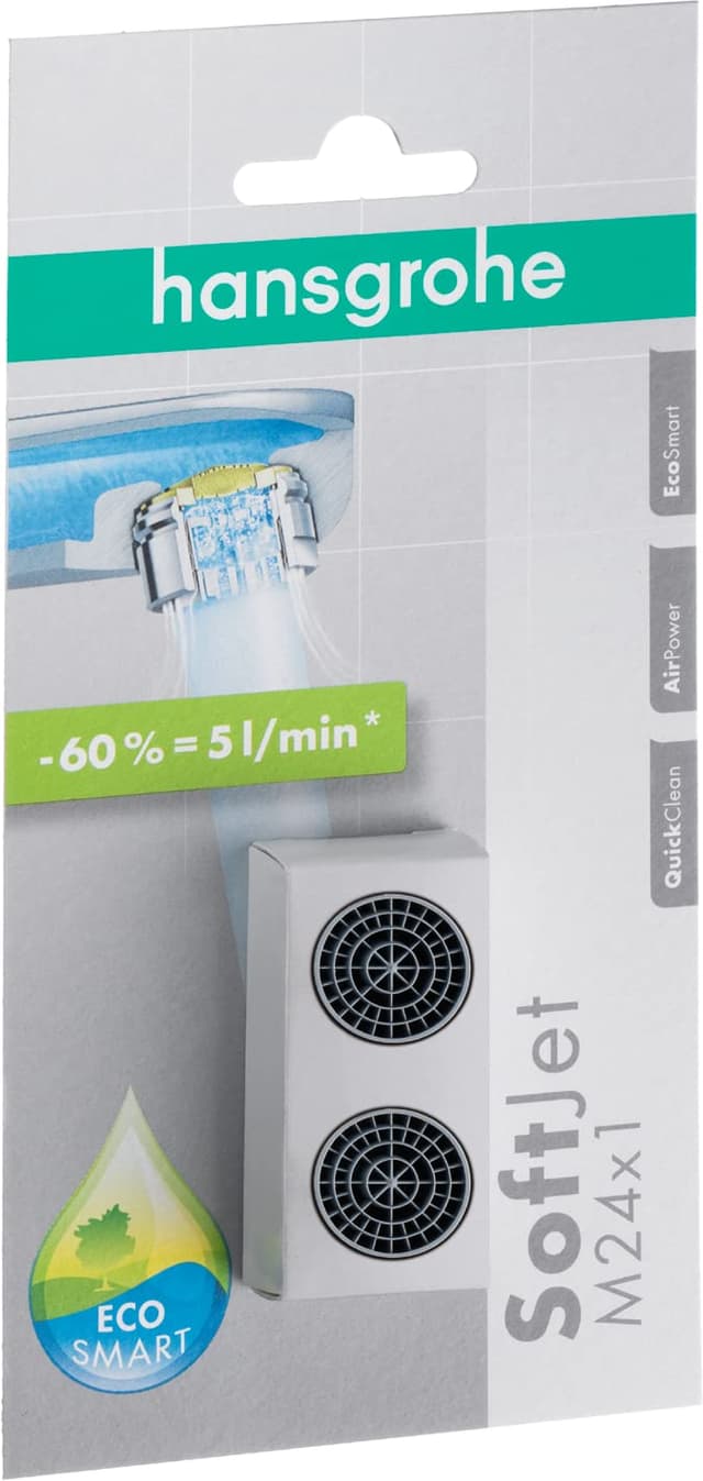 hansgrohe wassersparender Luftsprudler Wasserhahn, mit Durchflussbegrenzer 5 l/min, 2 Stück, M24x1, Strahlregler, Perlator für Wasserhähne, 13182000 Durchfluss 5 l/min / Verpackung 1