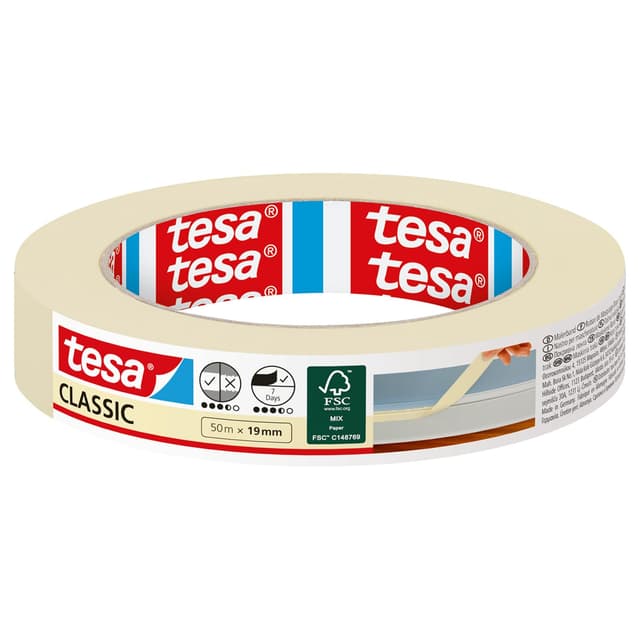 tesa Malerband CLASSIC - Abdeckband zum Abkleben bei Malerarbeiten - lösungsmittelfrei, rückstandslos entfernbar - 50 m x 19 mm 50m x 19mm 1 Rolle