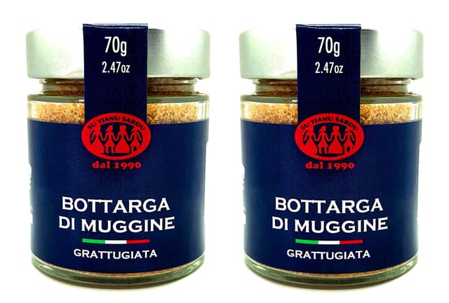 Geriebene Meeräsche Bottarga Su Tianu Sardu - 2 Packungen mit 70g - Handgefertigt in Sardinien, Italien - Kaviar des Mittelmeers - Sardische Handwerksproduktion als Kosher zertifiziert